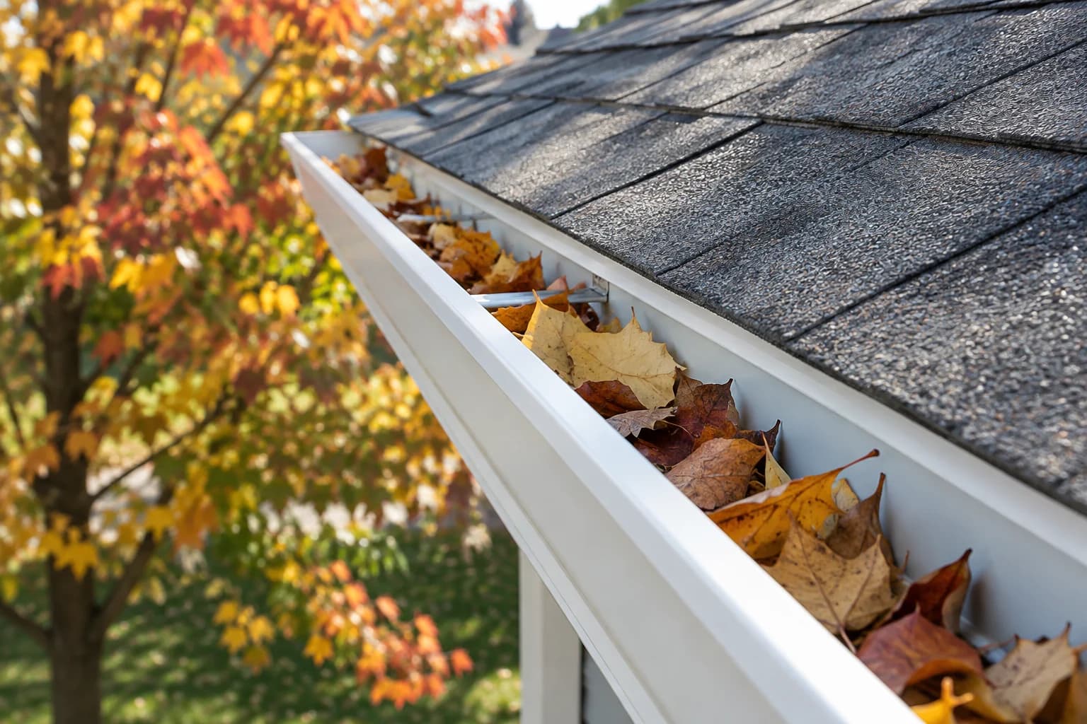 Illustrative close-up of fall leaves in a white gutter beside a shingle roof.