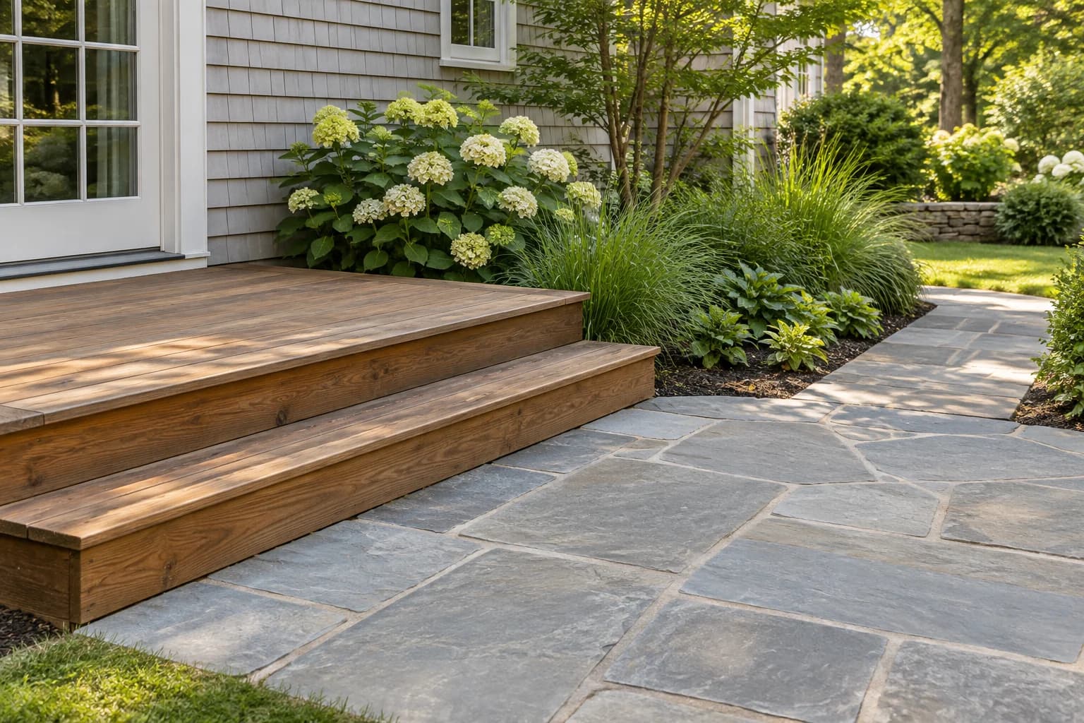 Illustrative wood deck and stone patio beside a house; not a customer project.