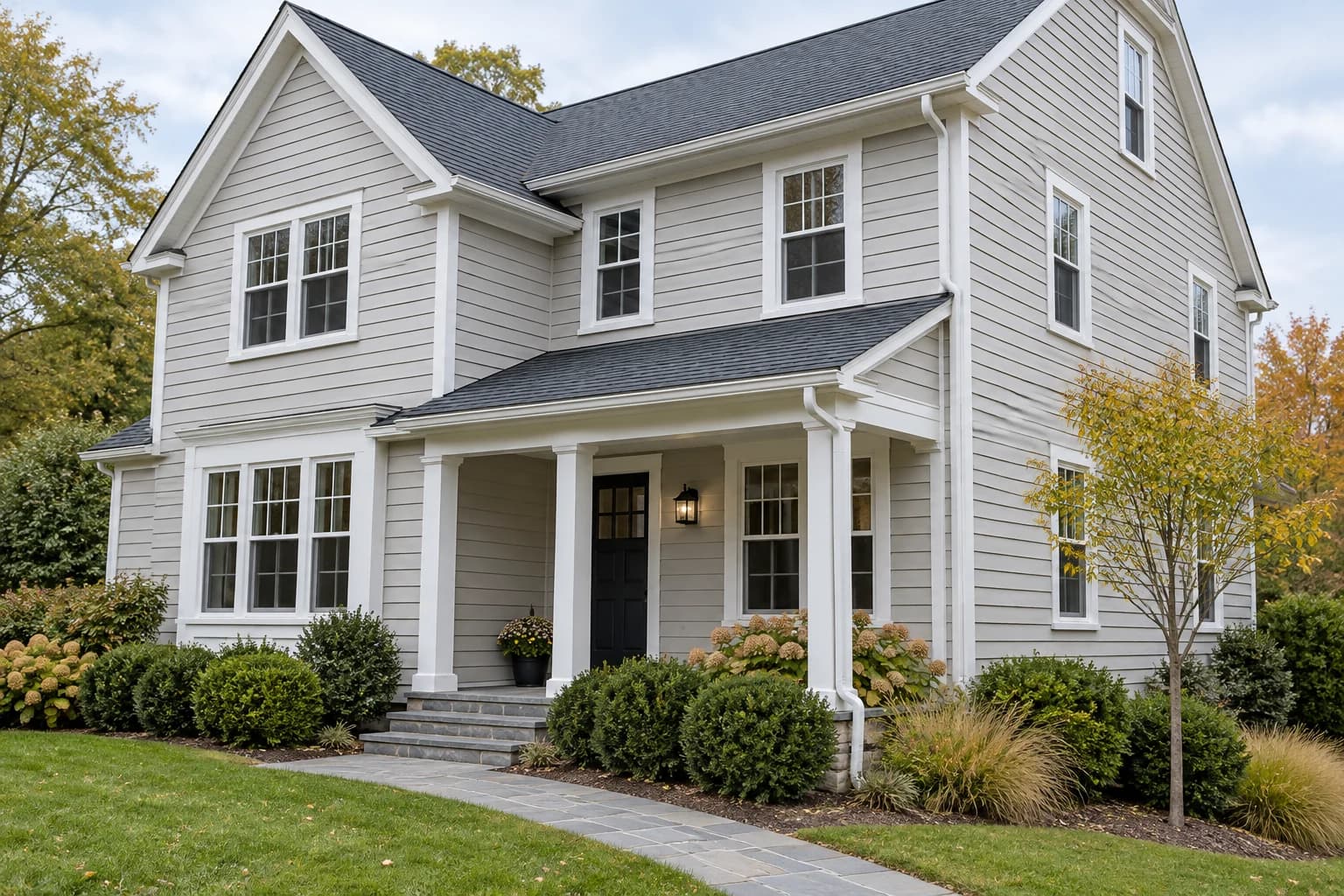 Illustrative two-story house exterior with pale siding and a front porch.