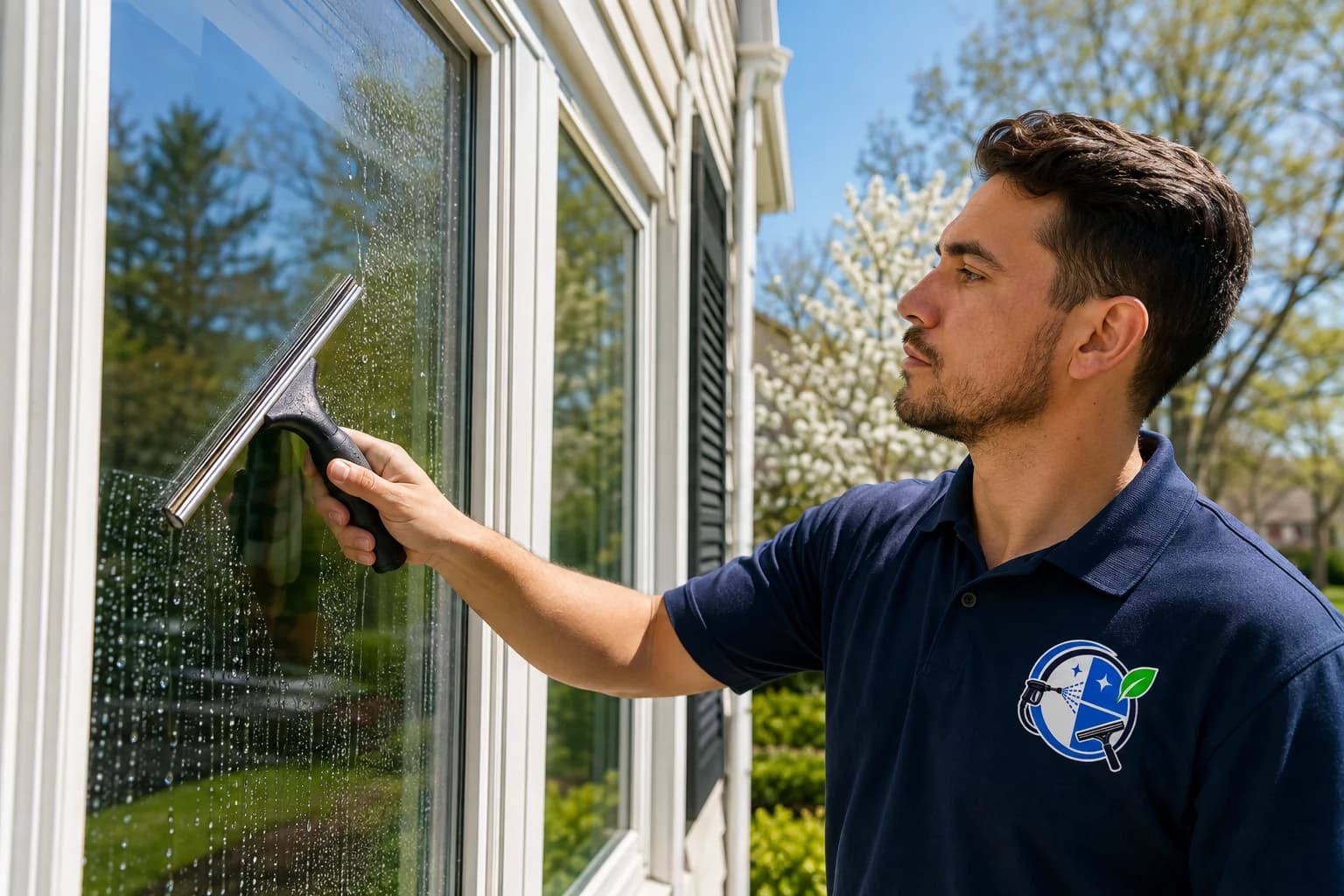 Illustrative window-cleaning worker using a squeegee on exterior glass.